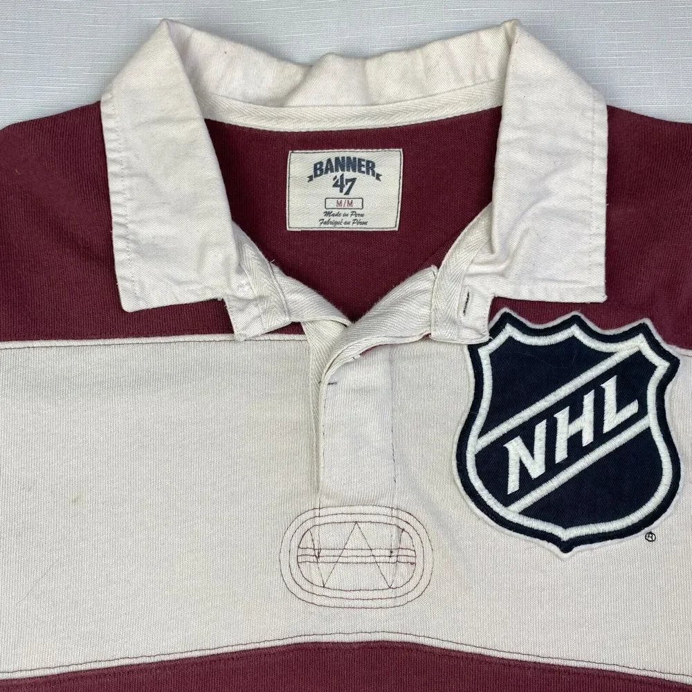 VINTAGE NHL HOCKEY Rugby POLO SHIRT! Long Sleeve Embroidered Maroon Striped Sz M - Picture 4 of 16